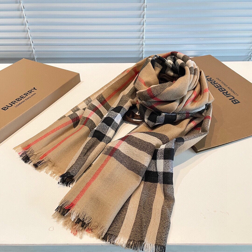 WIDE CHECK CASHMERE SCARF 200 CM IN CAMEL BROWN CASHMERE 407326