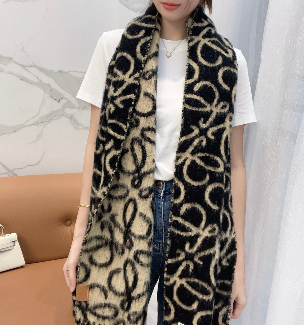 Loewe Scarf 180CM  Black Beige Wool Cashmere 968582