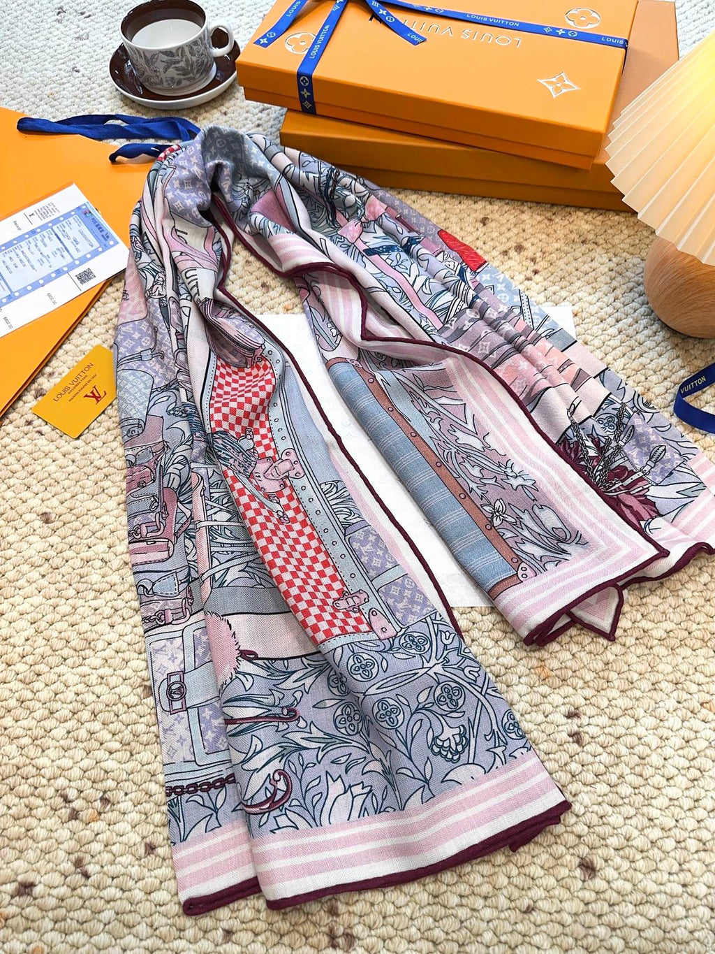 LV Monogram Scarf 135cm Purple Blue Silk Cashmere 967278