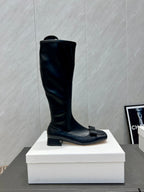 The Row 2025 Square Toe And Bow Accent Long Boot Black Sheepskin 540513