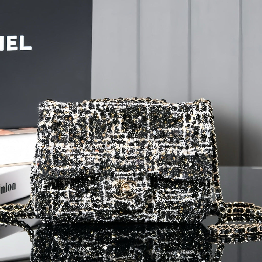 24S Flap Bag 20cm Black White Sequin Calfskin