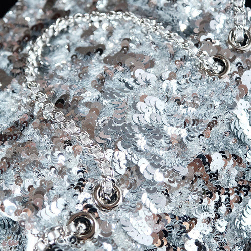 25C Flap Bag 21cm Dense Silver Sequin White Calfskin