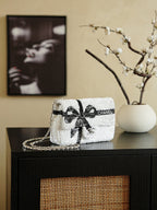 CC 2025 Bow Flap Bag White Black Sequin 308598
