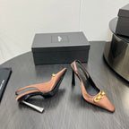 GOLD CHAIN ATTACHED HIGH SLINGBACK IN TOFFEE BROWN SILK