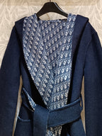CD Hooded Long Coat Navy Blue Wool Silk