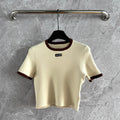 Miu Miu Short-sleeved Knitted Sweater Brown Cream Cotton