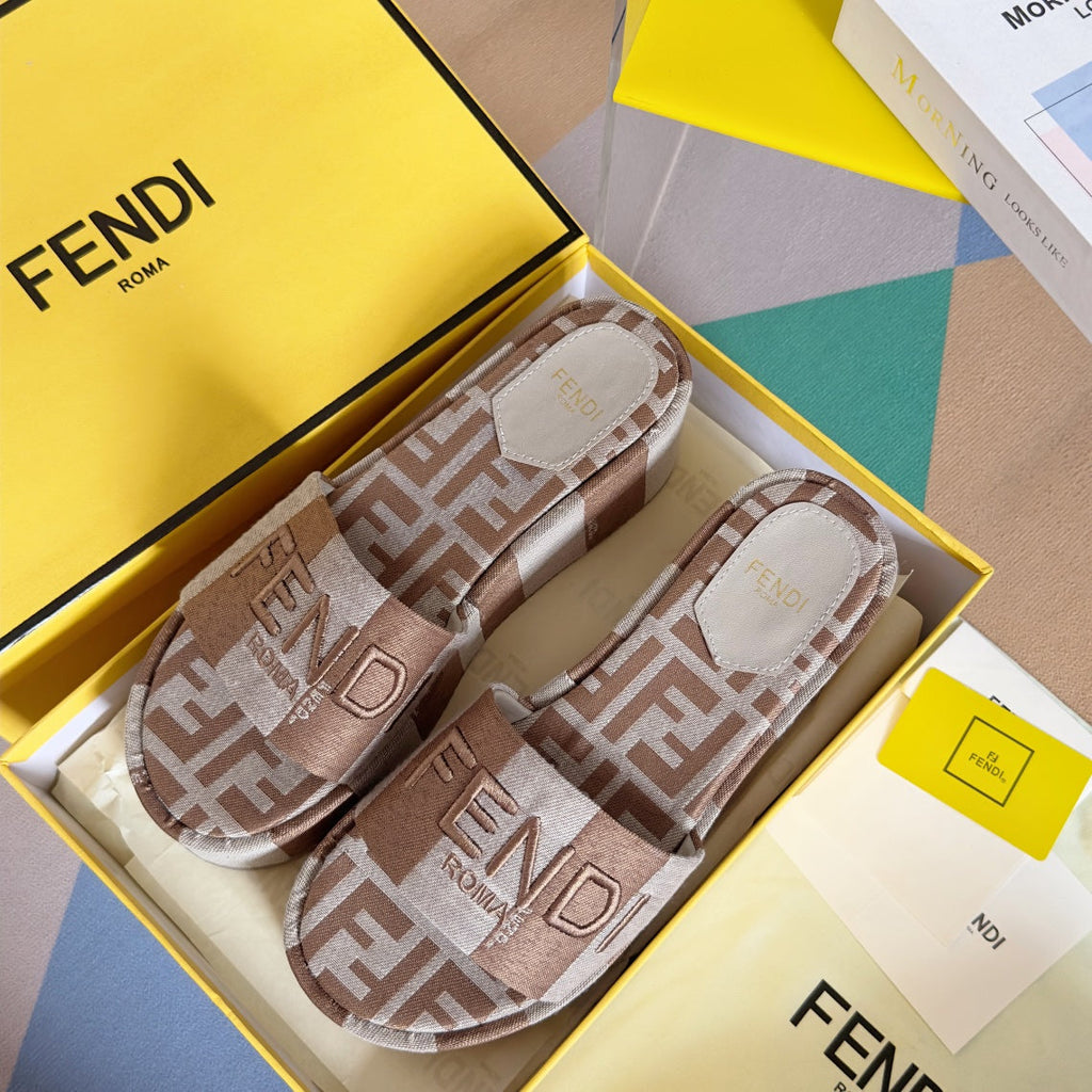 FF Sunshine 65 Light Brown Grey Canvas Flatform Slide