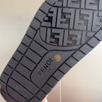 FENDI DIAGONAL ONE-STRAP SLIDE IN BLACK MIX BROWN MONOGRAM CALFSKIN