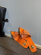 LOLA HIGH MULES IN TANGELO ORANGE SMOOTH LAMBSKIN AND DRAPED JERSEY