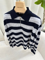 Miu Miu 25 Striped Polo Neck Sweater Navy Blue Gray Cashmere