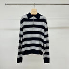 Miu Miu 25 Striped Polo Neck Sweater Navy Blue Gray Cashmere