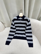 Miu Miu 25 Striped Polo Neck Sweater Navy Blue Gray Cashmere