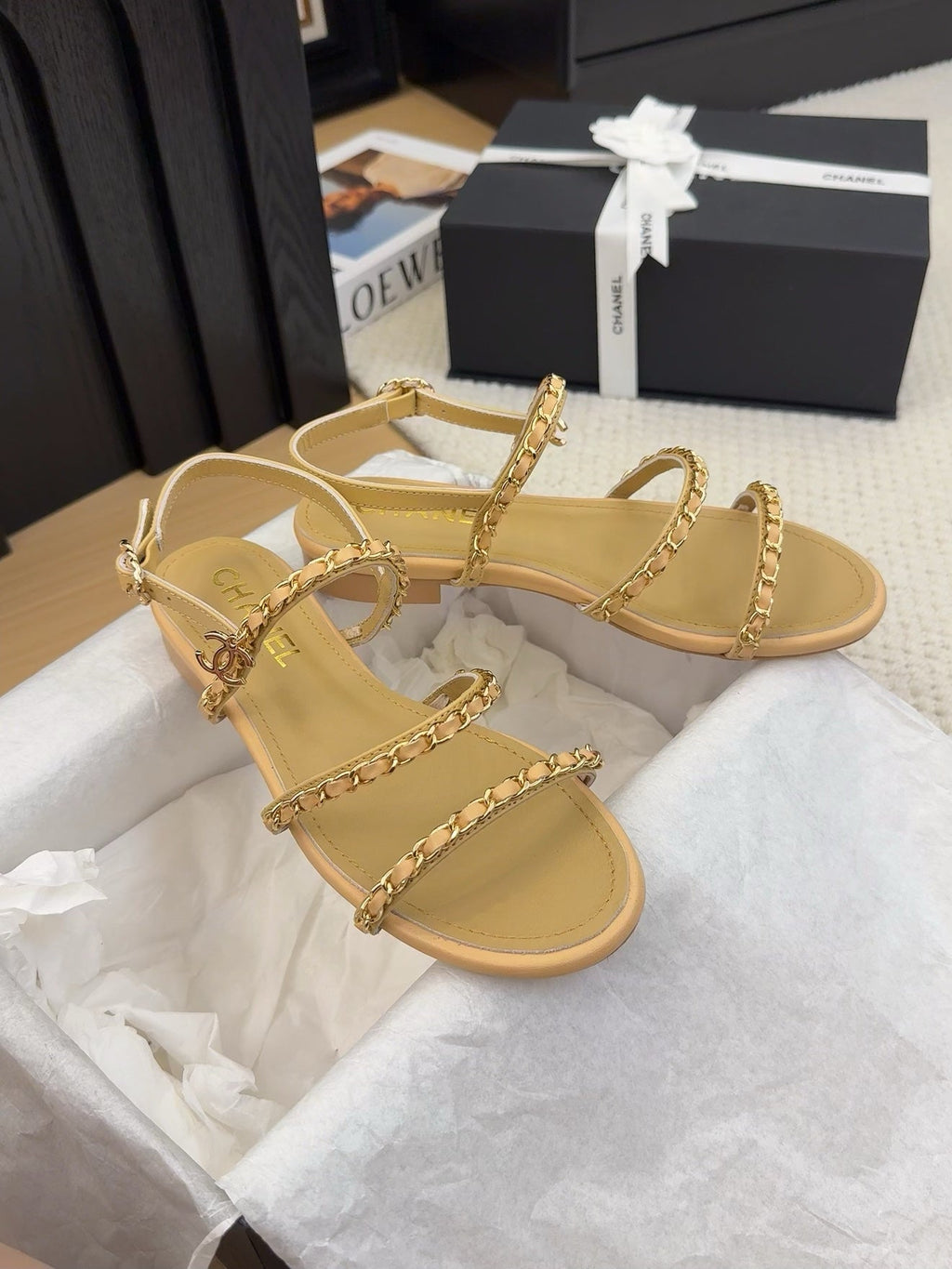 CC 25S Sandal Three Leather Strap Beige Calfskin