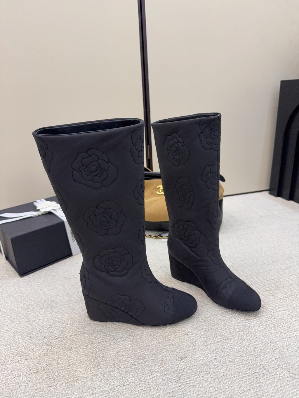 CC 26 Wedge Boot With Quilted Camellia Pattern Black Fabric 588892