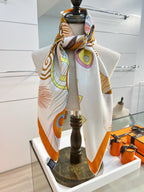 HM 26s 90 Double-sided Scarf White Orange Colorful Mulberry Silk 157529
