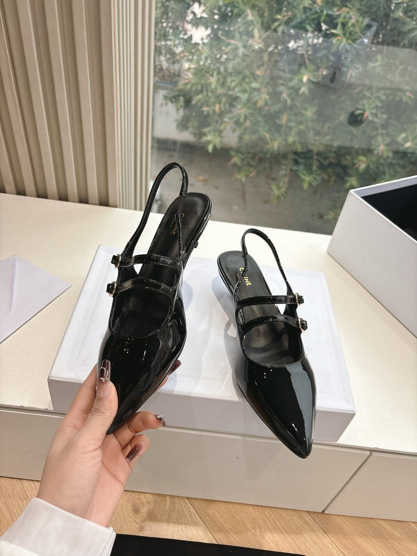 CELINE  Slingback Black Snake Embossed Leather 285948