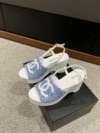 cc sandal 100 blue white tweed sequin