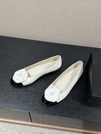 ballet flat flower white calfskin black patent calfskin