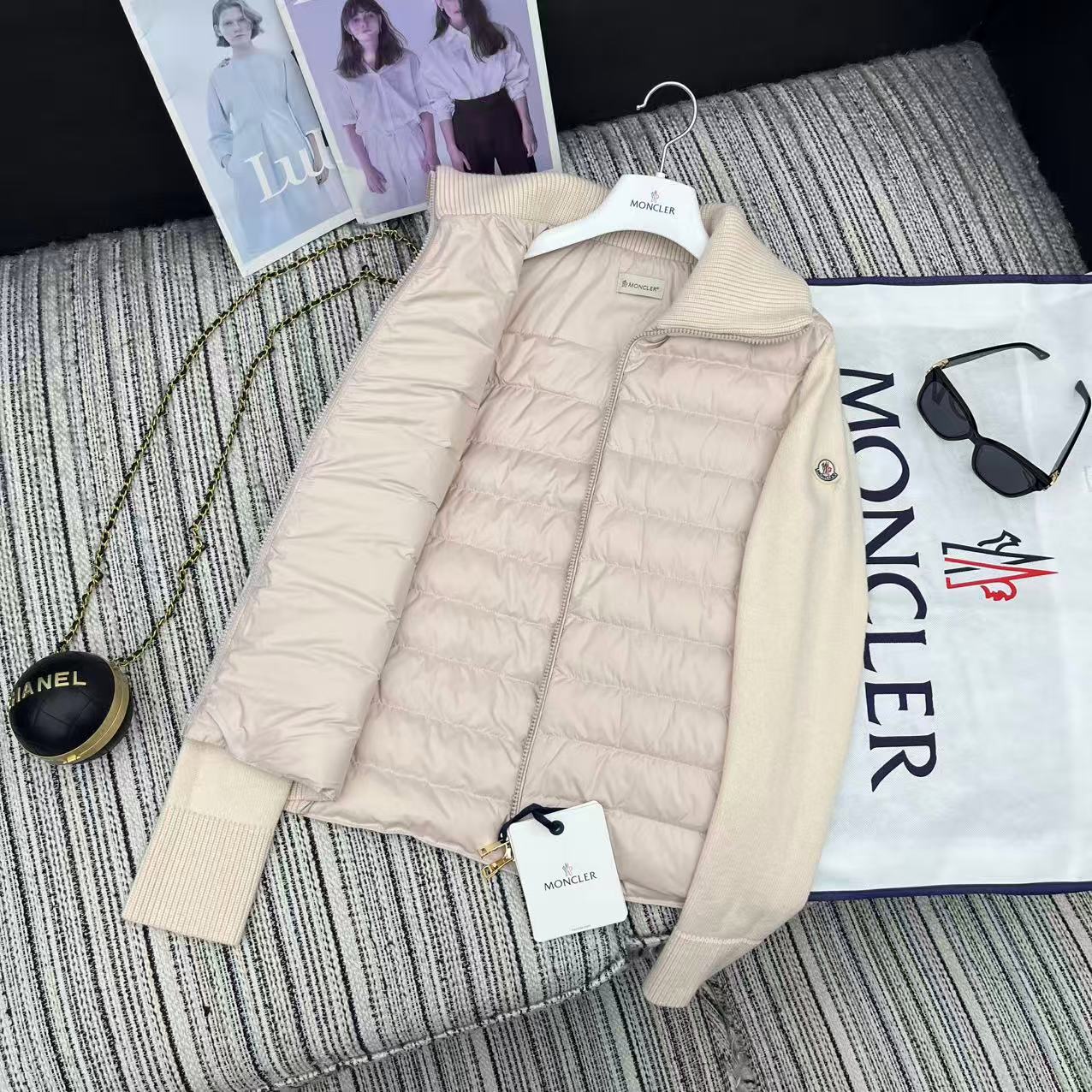 MC 2025 Quilted Knit-panel Puffer Jacket Nude Pink Polyester Wool 528746