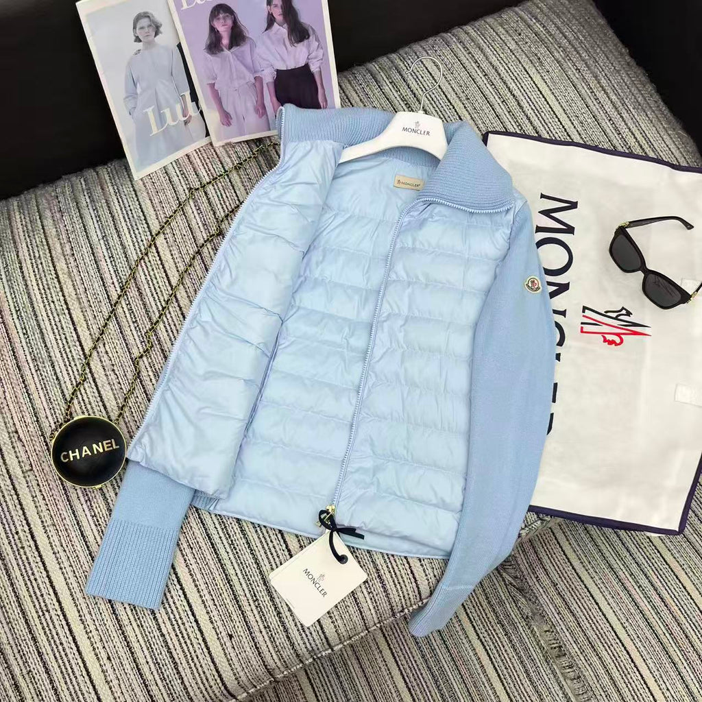 MC 2025 Quilted Knit-panel Puffer Jacket Sky Blue Polyester Wool 528745
