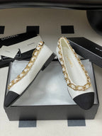 Chanel 25A Ballet Flats Big Chain Double C White Black Sheepskin 393819