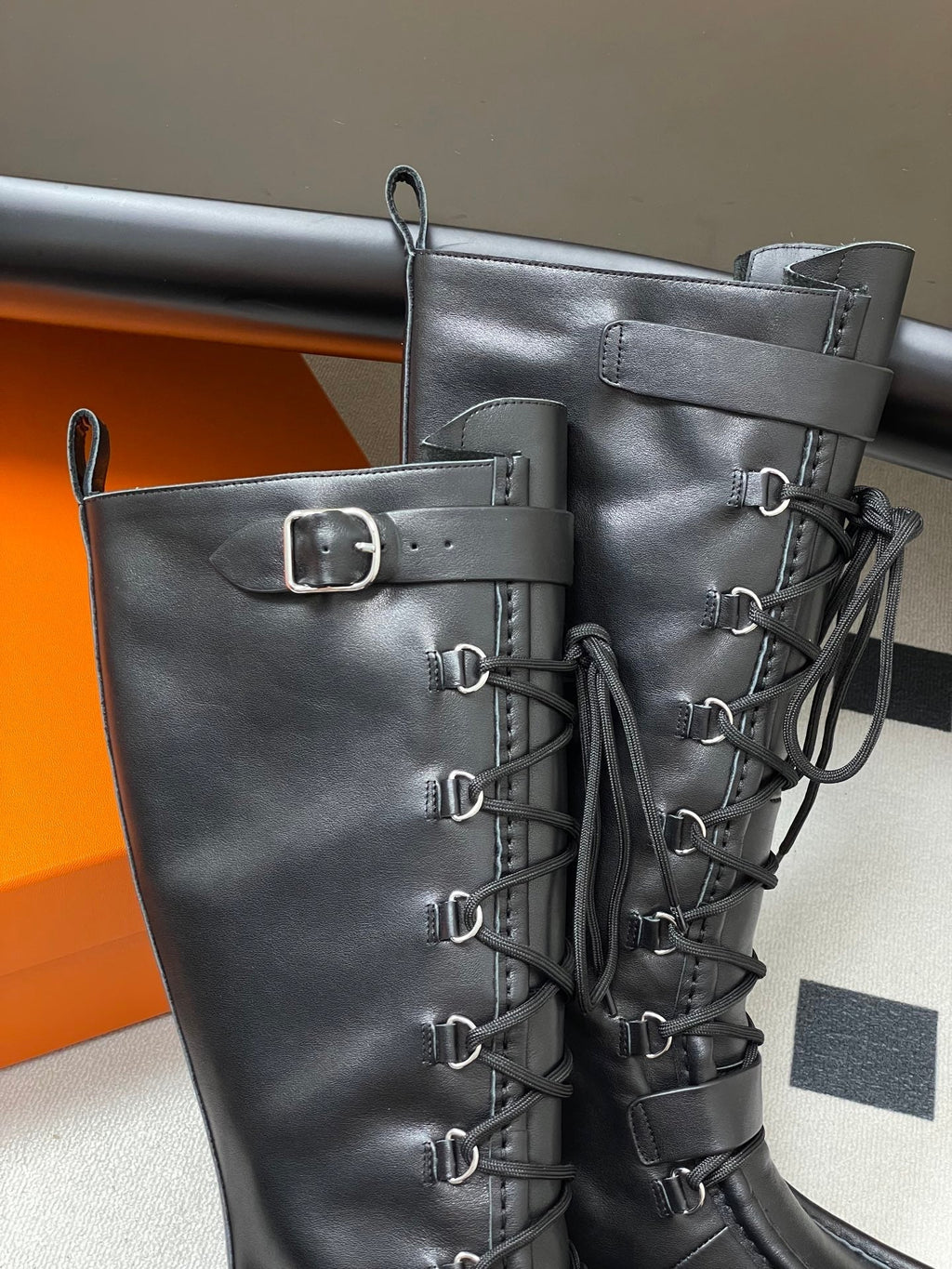 HM lace up boots belt buckle black leather