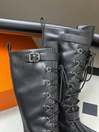 HM lace up boots belt buckle black leather