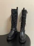 HM lace up boots belt buckle black leather