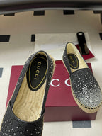 GG 26ss Slip-on Loafers Rhinestones Black Double G Canvas 593499