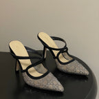 CD 26 High-Heeled Mules Black Beige Mesh Sheepskin 593588