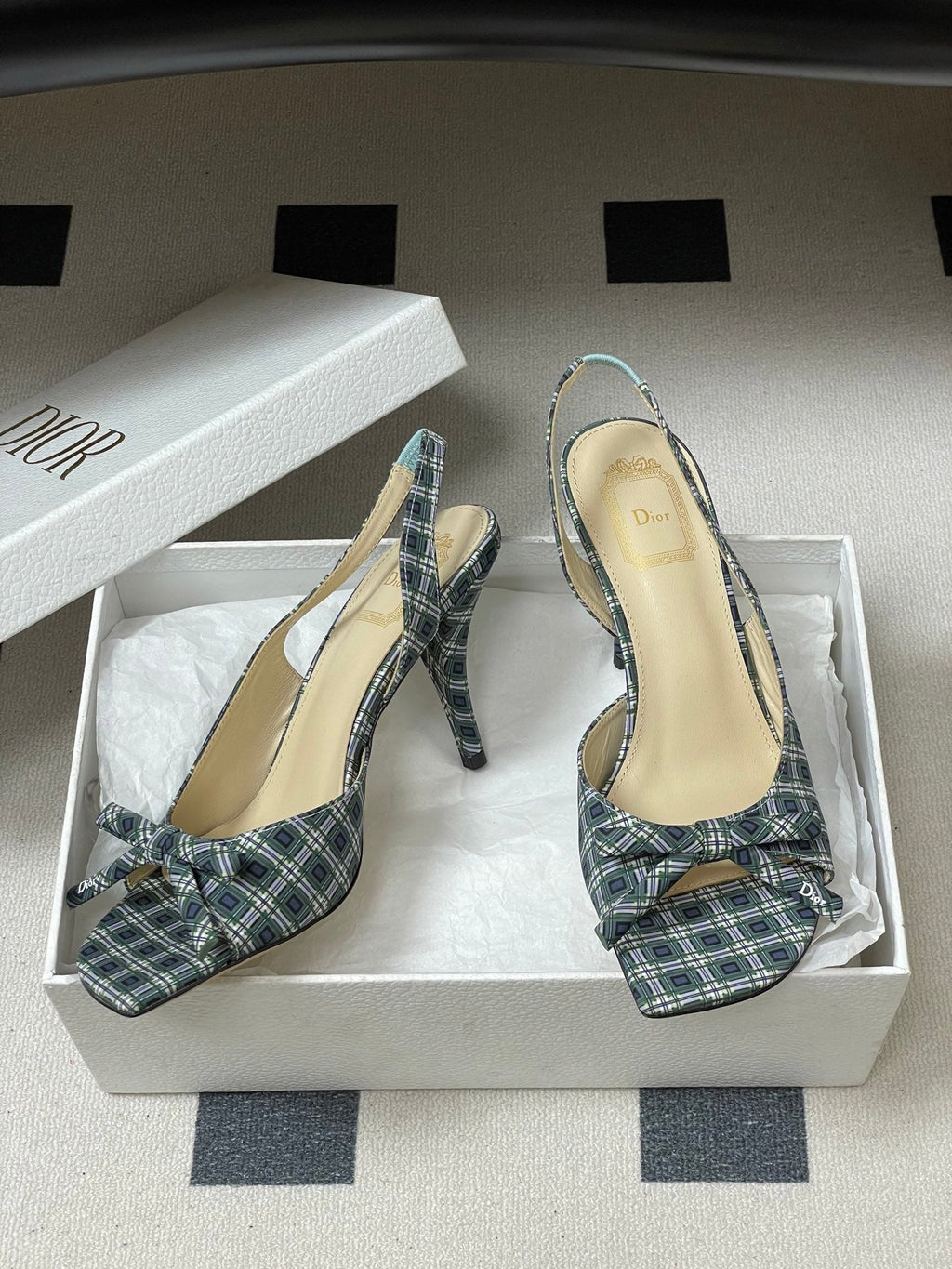 CD 26 Slingback 85 Black Green Blue Leather Silk Fabric 593602