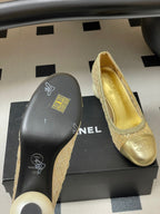 CC 26 Beaded Sequin Pump With Double C Pearl Heel Gold Mesh Leather 593159