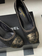 CC 26 Beaded Sequin Pump With Double C Pearl Heel Black Mesh Leather