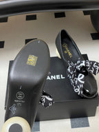 CC 26  Double C Pearl Heel Pump With Silk Ribbon Black Sheepskin 593158