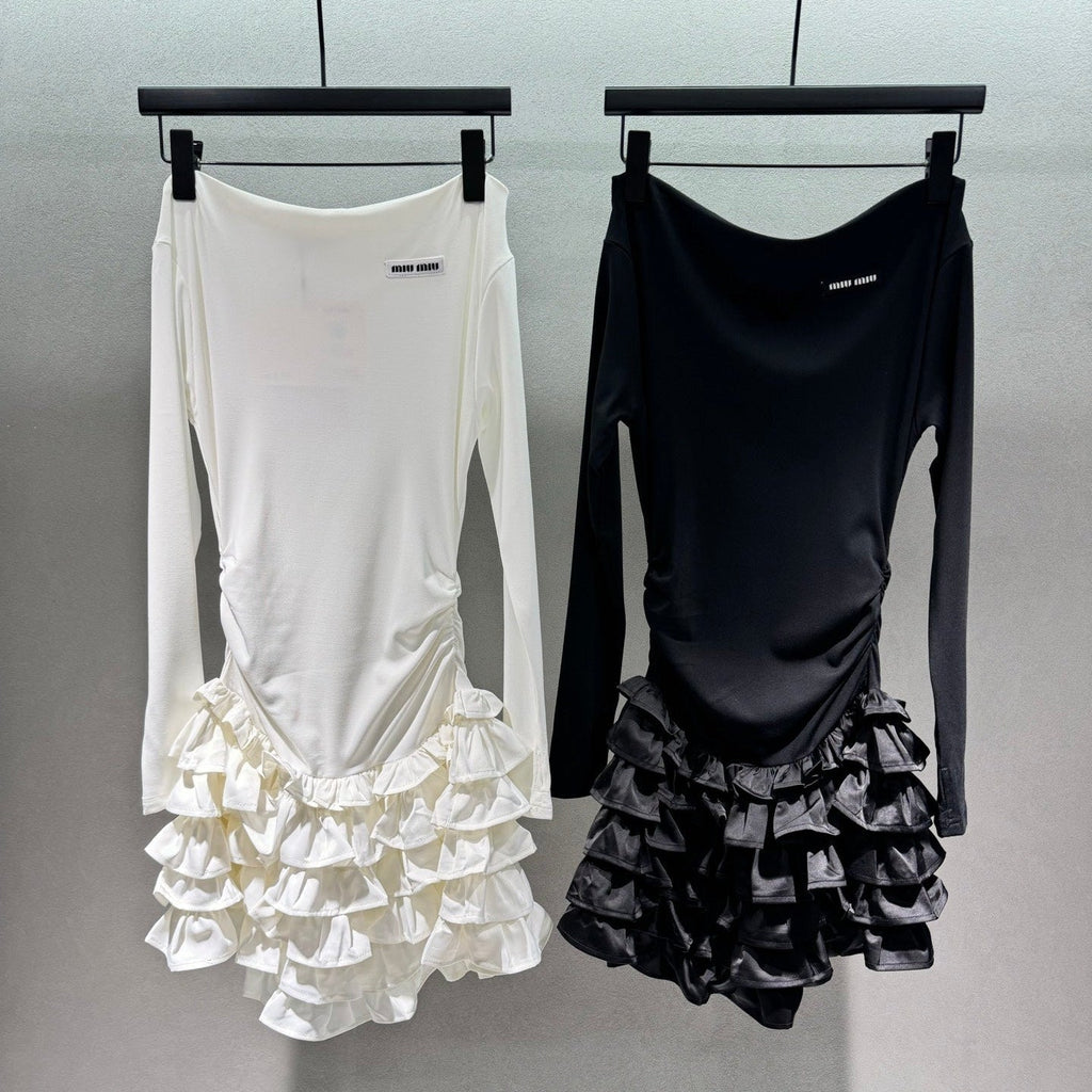 Miumiu 2026 Off-the-shoulder Tiered Dress Black and White Cotton