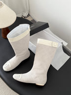 CC 2025 Vintage Cambon Mid-Calf Boots White Suede Patent Leather 550639