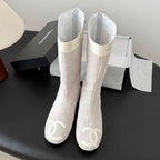 CC 2025 Vintage Cambon Mid-Calf Boots White Suede Patent Leather 550639
