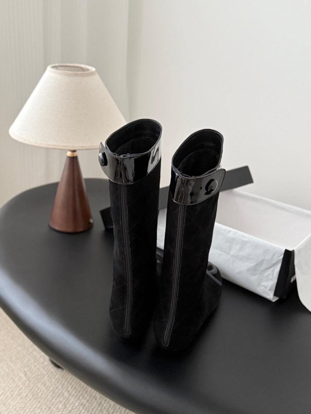 CC 2025 Vintage Cambon Mid-Calf Boots Black Suede Patent Leather 550641