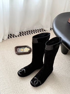 CC 2025 Vintage Cambon Mid-Calf Boots Black Suede Patent Leather 550641