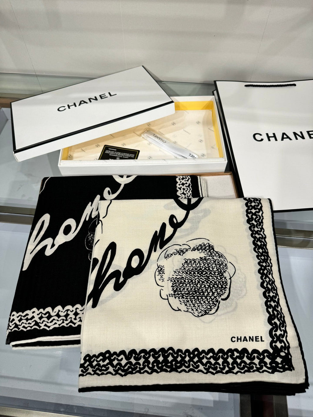CC Square Scarf 140 CM In Black White Cashmere Silk 408418