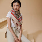HM 26ss Amazon  Scarf 90 Beige Red Colorful Twill Silk 126341