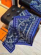 HM 26s Horse Scarf 90 Dark Blue Colorful Cashmere Silk 138043