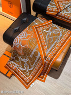 HM 26s Horse Scarf 90 Orange Colorful Cashmere Silk 138044