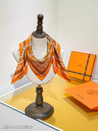 HM 26s Horse Scarf 90 Orange Colorful Cashmere Silk 138044