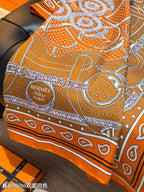HM 26s Horse Scarf 90 Orange Colorful Cashmere Silk 138044