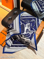 HM 26ss Amazon  Scarf 90 Dark Blue White Twill Silk 132411