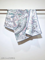 HM 26s 90 Double Sided Scarf White Green Blue Colorful Mulberry Silk 145749