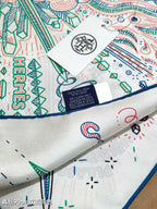 HM 26s 90 Double Sided Scarf White Green Blue Colorful Mulberry Silk 145749