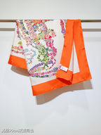 HM 26s 90 Double Sided Scarf White Orange Colorful Mulberry Silk 145756
