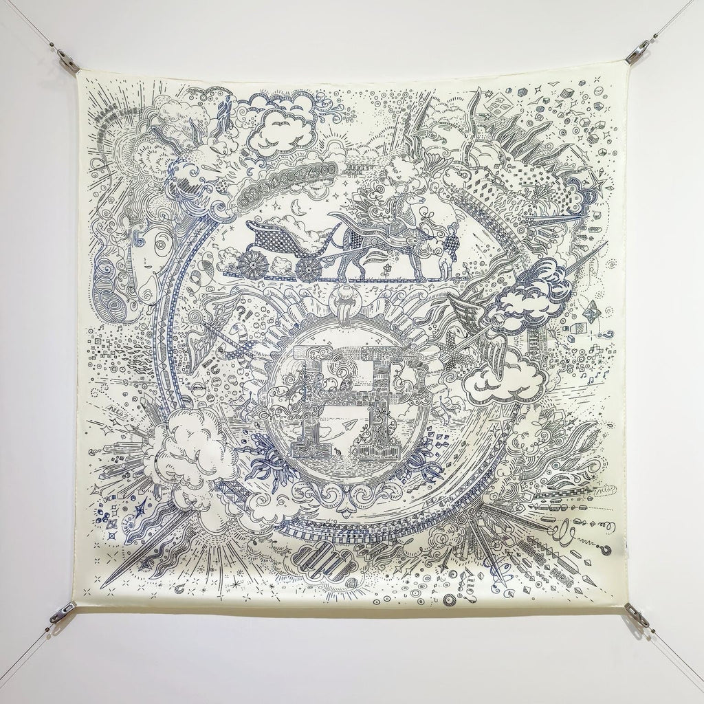 HM 26s 90 Double Sided Scarf White Gray Blue Colorful Mulberry Silk 145751